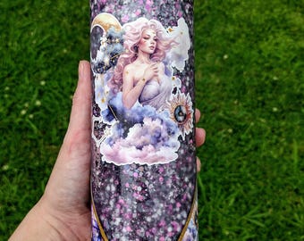 Celestial Goddess Snow Globe Tumbler – 25oz Glass Tumbler with Glitter and Crystal Lid – Ethereal Cup with Sun, Moon & Stars