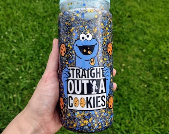 20oz Blue & Brown Glitter Snow Globe Tumbler – Handmade Plastic Cup with Fun Cookie Theme