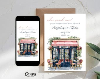 May include: A bridal shower invitation featuring a watercolor illustration of a cafe with a pink awning and outdoor seating. The invitation includes the text "she said oui!" and details for Angelique Shaw's shower.