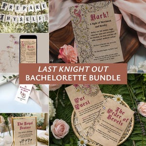 May include: A collection of printed paper stationery for a bachelorette party, featuring medieval-style typography and illustrations. Items include a banner reading PREPARE THYSELF, invitation cards with the text HARK! A NIGHT OF MERRIMENT AND REVELRY, and event signs with titles like OUR QUEST, THE ORDER OF REVELS, and THE ROYAL FEATURE.