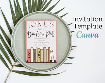 Puede incluir: Una plantilla de invitación rosa y blanca para una fiesta de club de lectura. La invitación presenta una pila de libros con un diseño floral y el texto "JOIN US for a Book Club Party". El texto también incluye la fecha, la hora y la ubicación de la fiesta.