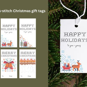 Printable Cross Stitch Christmas Gift Tags, Nostalgic Cozy Present Tags, DIY Stitching Style Tags, Rustic Christmas, Handmade Look Gift Tags