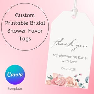 Custom Bridal Shower Favor Tags, Pink Floral Tags, Printable Canva Template, DIY Wedding Shower Favors, Bridal Shower Gift Tags