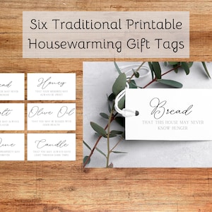 Afdrukbare tags housewarmingcadeau, traditionele housewarmingcadeaus, broodwijn en zout, cadeau nieuwe huiseigenaar, tags housewarmingcadeaumand