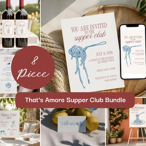 Puede incluir: Un conjunto de papelería de 8 piezas para club de cena que incluye etiquetas de vino, invitaciones, menús, tarjetas de lugar y letreros. Los diseños incluyen ilustraciones de tenedores con espaguetis en azul y texto rojo.