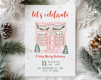 Może przedstawiać: Świąteczna kartka z napisem "Let's celebrate" w czerwonym skrypcie. Karta przedstawia fantazyjną ilustrację księgarni udekorowanej na święta, z tekstem "A Very Merry Bookmas" i szczegółami wydarzenia.