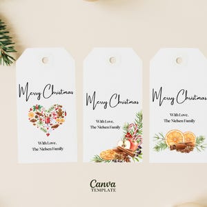 Può includere: Tre etichette regalo natalizie bianche con la scritta "Merry Christmas" in corsivo. Un'etichetta presenta un design a forma di cuore di elementi festivi, le altre hanno illustrazioni ad acquerello di dolcetti natalizi e vegetazione.