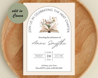 Book Theme Retirement Invitation: Teacher, Librarian, New Chapter (Canva Template)