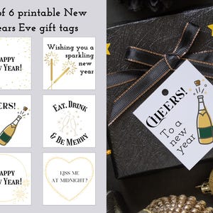 Étiquettes cadeaux imprimables pour le Nouvel An - lot de 6 étiquettes carrées sur le thème de l'or coordonné. Des étiquettes de cadeaux parfaites pour célébrer la nouvelle année avec style !