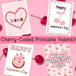 Cherry Coded Printable Valentines, Trendy Cherry Valentines, Cherry-Coded Set of 4 Printable Valentines - Instant Download!