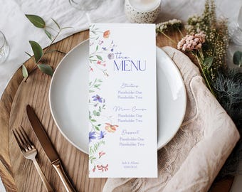 Watercolor Wildflower Wedding Menu Template, Meadow Floral Table Decor, Elegant Botanical Reception Menu