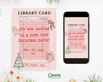 May include: A pink library card invitation for a Christmas book club party. The card features festive illustrations of a gingerbread man, candy cane, Christmas tree, and a gift. The text reads "you are invited to a book club Christmas party!" and includes the date, time, and address.