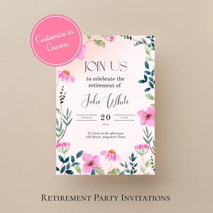 Convite floral para festa de aposentadoria: design floral rosa elegante (PDF para impressão)