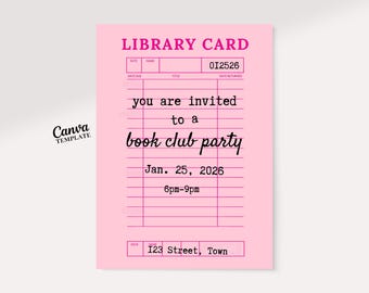 Library Card Book Club Party Invitation | Pink Vintage Literary Editable Invite