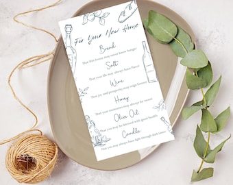 Traditional Housewarming Gift Basket Card | Hand Drawn Printable New Home Blessing Card | Bread Salt Wine Blue | DIY Practical Gift for Host