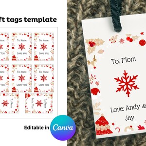 Modello di etichette regalo natalizie personalizzate: set di 8 etichette con un bellissimo bordo rosso. Modificabile in Canva per la personalizzazione
