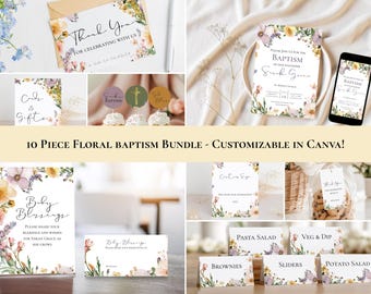 Floral Baptism Invitation Set: Editable Canva Baptism Celebration Templates (Digital Download)