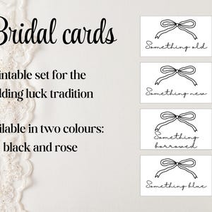 May include: Printable cards with a bow design and the text "Something old", "Something new", "Something borrowed", and "Something blue". The cards are for a wedding tradition.