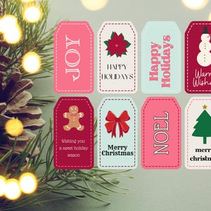 Etichette natalizie colorate. Set di 8 etichette natalizie stampabili in uno schema di colori coordinati, allegro e luminoso e bellissimi dettagli di cucitura