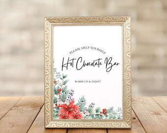 Hot Chocolate Bar Sign Watercolor Poinsettia: Christmas Holiday Decor (Digital Download)
