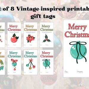 Etichette regalo di Natale di ispirazione vintage. Bellissimo set di 8 etichette regalo di Natale stampabili con grafiche coordinate di ispirazione vintage