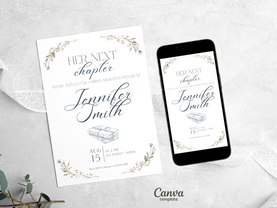 Her Next Chapter Bridal Shower Invitation, Dusty Blue Floral Bookish Invite