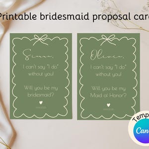 Printable Bridesmaid Proposal Cards - Sage & Cream, Editable Canva wedding template, personalized bridal party gift, DIY bridesmaid boxes