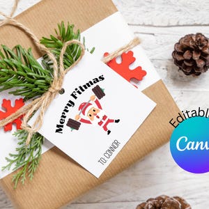 Merry Fitmas Weihnachten anpassbare Geschenkanhänger, bearbeitbar in Canva, perfekt für Weihnachtsgeschenke - Set mit 6 festlichen Tags. Frohe Liftmas Karte