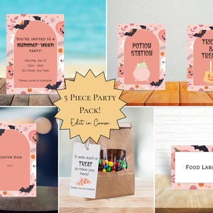 May include: A five-piece party pack with a Halloween theme. The pack includes invitation cards, signs for a potion station, tricks and treats, a custom sign, a treat bag tag, and a food label. The designs feature bats, pumpkins, and ghosts.