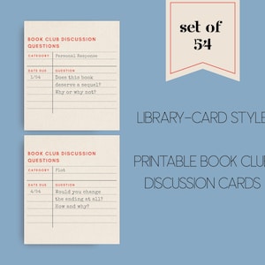 Tarjetas imprimibles con preguntas para el club de lectura, estilo de tarjeta de biblioteca, sugerencias únicas para debates, rompehielos para grupos de lectura, preguntas para círculos de lectura