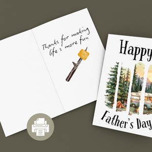 Carte imprimable de fête des pères de camping, cadeau de papa de jeu de mots de S'mores, salutation humoristique de feu de camp, carte de papa d'aventure en plein air de téléchargement immédiat