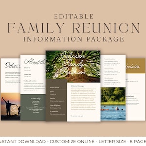 Op de afbeelding: Een bewerkbaar informatiepakket voor een familiereünie met een beige achtergrond. Het pakket bevat verschillende pagina's met titels als "Over", "Overig" en "Updates". De centrale pagina toont de tekst "Johnson Family Reunion" met een boomafbeelding.