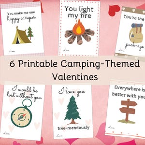 Cartes de camping imprimables pour la Saint-Valentin - Notes d'amour sur le thème du camping-car, de la randonnée et du plein air drôles et mignons. Lot imprimable Saint-Valentin