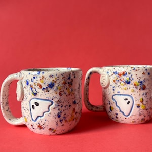 Handmade Ceramic Ghost Mug: Speckled Pottery Coffee Cup - Halloween Decor