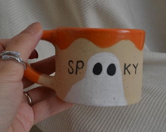 Handmade Halloween Ghost Mug, Speckled Stoneware Coffee Cup