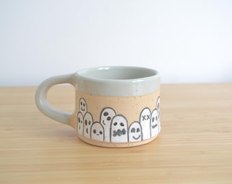Handmade Halloween Stoneware Mug, Spooky Ghost Faces