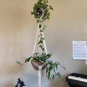 Puede incluir: Un colgador de plantas de macramé con dos macetas marrones, cada una con plantas verdes. La maceta superior es una esfera de vidrio transparente. El macramé es blanco y cuelga de un anillo de madera. Las plantas tienen largas enredaderas.