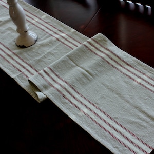 Striped Table Runner - Flax with Natural and Scarlet Stripes - Grain sack Stripe Runner - Farmhouse Table Runner