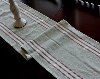 Striped Table Runner - Flax with Natural and Scarlet Stripes - Grain sack Stripe Runner - Farmhouse Table Runner