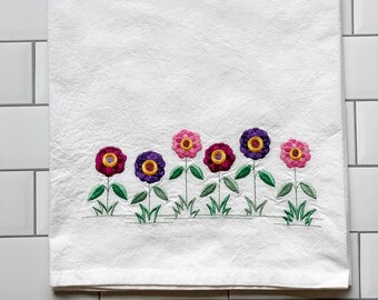 Embroidered Kitchen Towel - Pretty Petunias Flower Towel -  Home Decor - Kitchen Linens - Dish Towel - Floral Linens