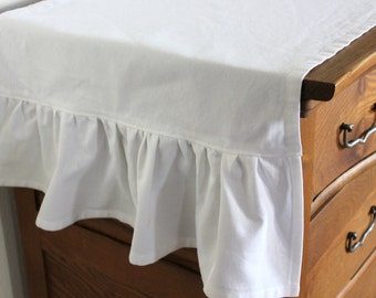 White Ruffled Cotton Table Runner - Farmhouse Table Runner - Wedding Table Runner - Ruffled Table Linens - Farmhouse Decor