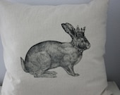 Vintage Crowned Rabbit Pillow Cover - Linen and Cotton Decorative Pillow