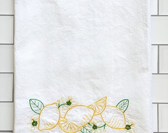 Embroidered Kitchen Towel - Vintage Inspired Lemon Towel - Dish Towel - Tea Towel - Fruit Towel - Housewarming Gift