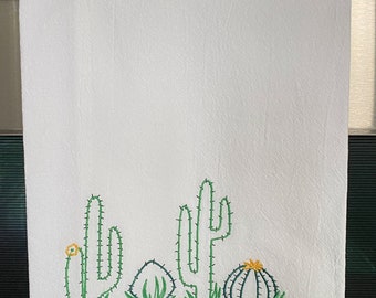 Embroidered Kitchen Towel - Blooming Cactus Dish Towel - Cactus Flour Sack Towels - Succulent Kitchen Linens