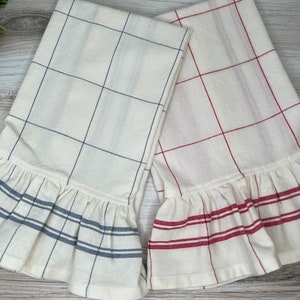 Ruffled Tea Towel - Red or Blue Plaid , Farmhouse Decor, Cotton Kitchen Towel, Ruffled Kitchen Towel, Retro Cotton Towel