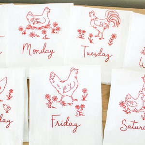Embroidered Chicken Towels - Days of the Week Flour Sack Towels - Farmhouse Kitchen Decor - Gift Set