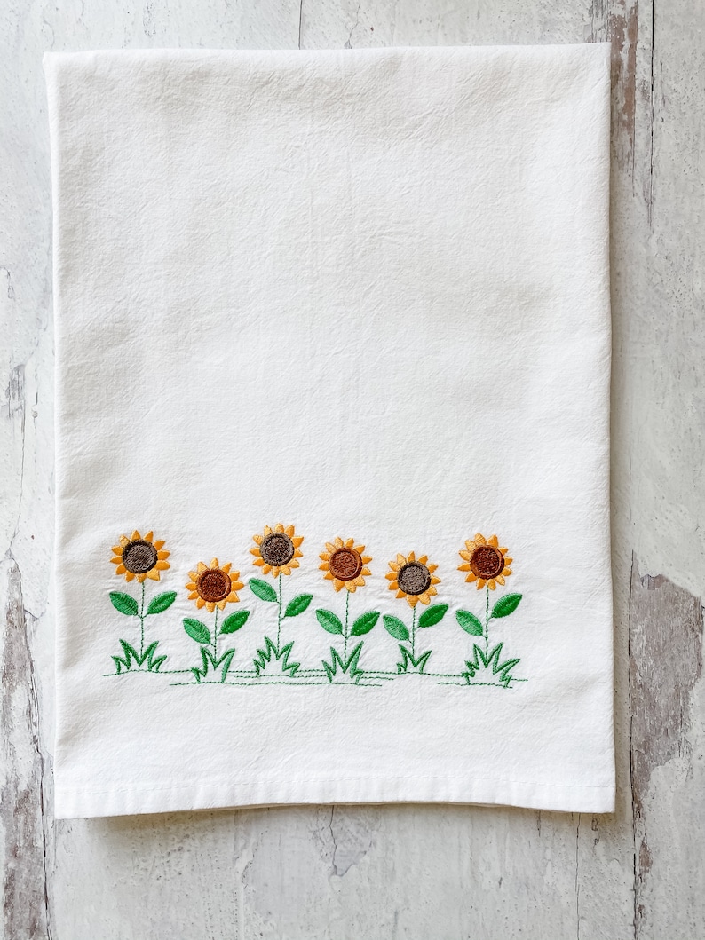 Embroidered Kitchen Towel Sunflower Border Dish Towels Etsy