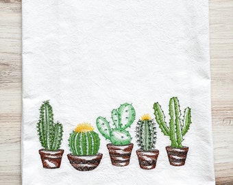 Embroidered Kitchen Towel - Potted Cactus Towel - Kitchen Linen - Dish Towel - Tea Towel - Cactus Decor - Housewarming Gift