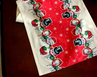 Christmas Table Runner: Red Cotton Snowman Farmhouse Decor