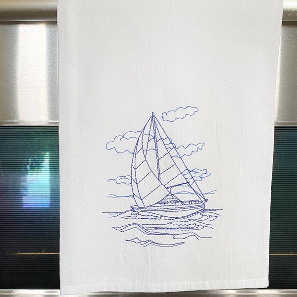 Embroidered Kitchen Towel - Sailboat Towel - Lake Dish Towel - Flour Sack Towels - Fathers Day